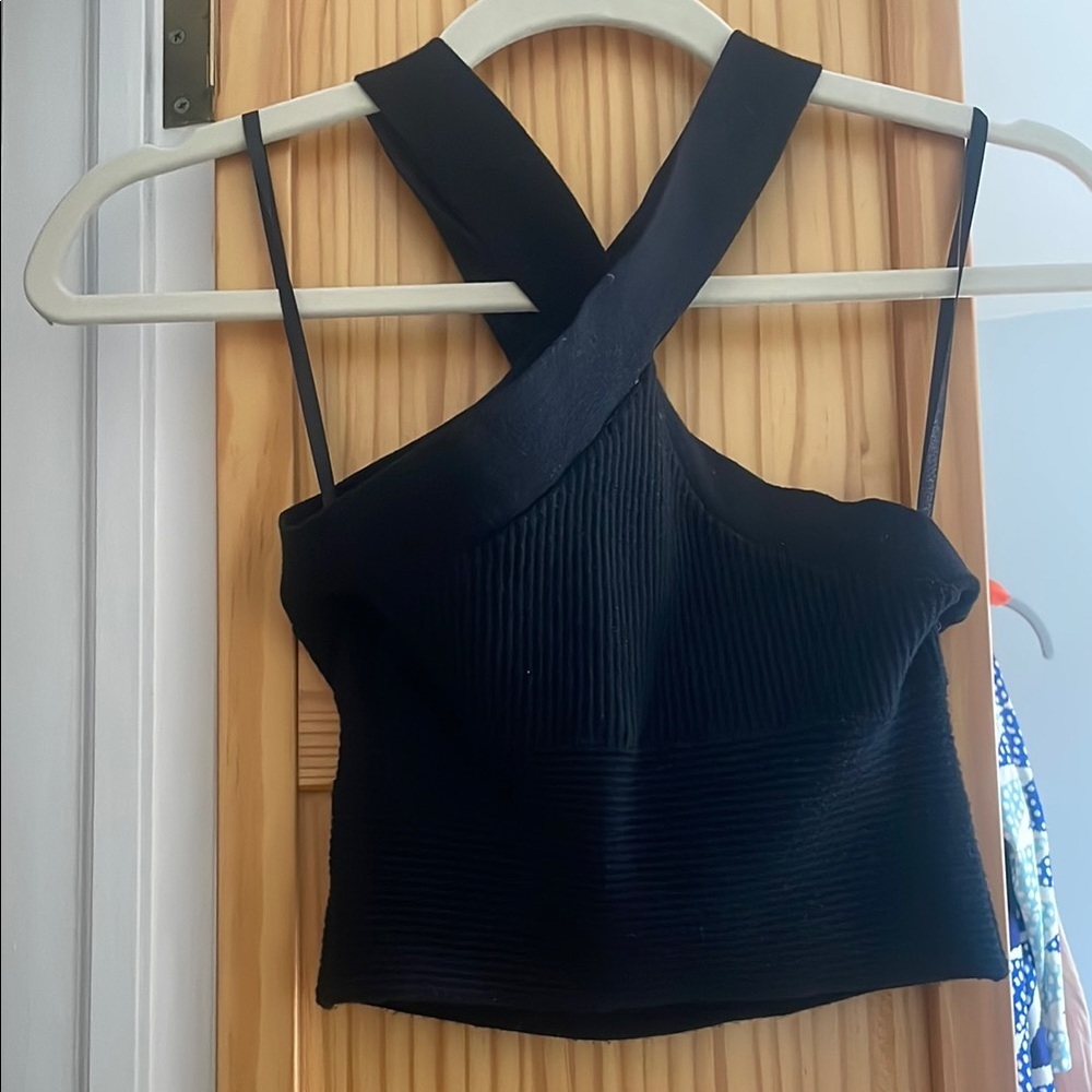 Abercrombie & Fitch Black Asymmetrical Ribbed Crop Tank Top